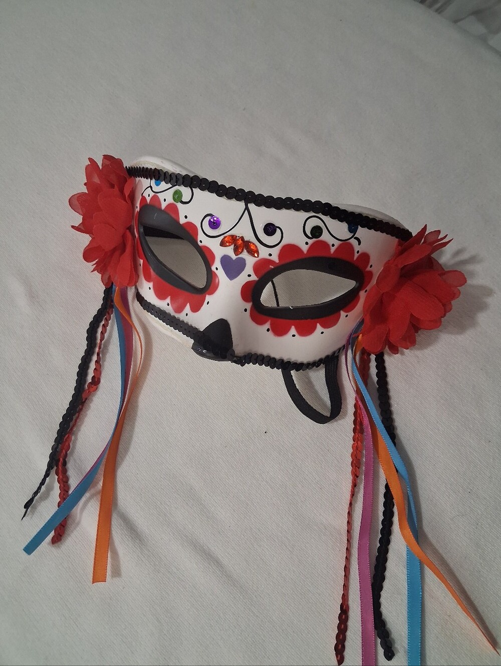 Red & White Floral Ribbon Masquerade Eye Mask for Women
